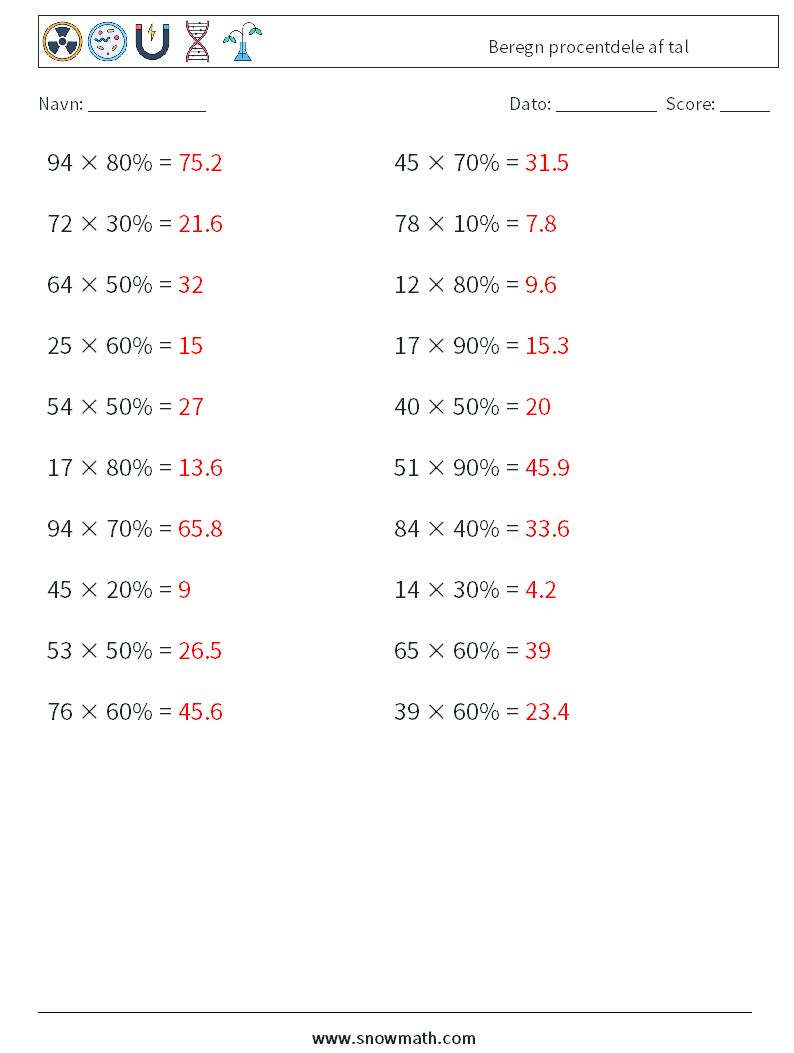 Beregn procentdele af tal Matematiske regneark 5 Spørgsmål, svar