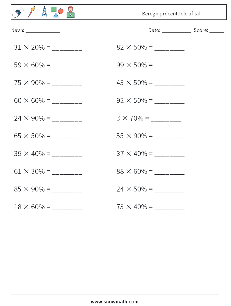 Beregn procentdele af tal Matematiske regneark 6