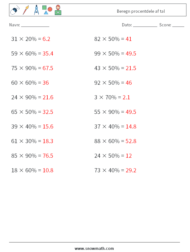 Beregn procentdele af tal Matematiske regneark 6 Spørgsmål, svar