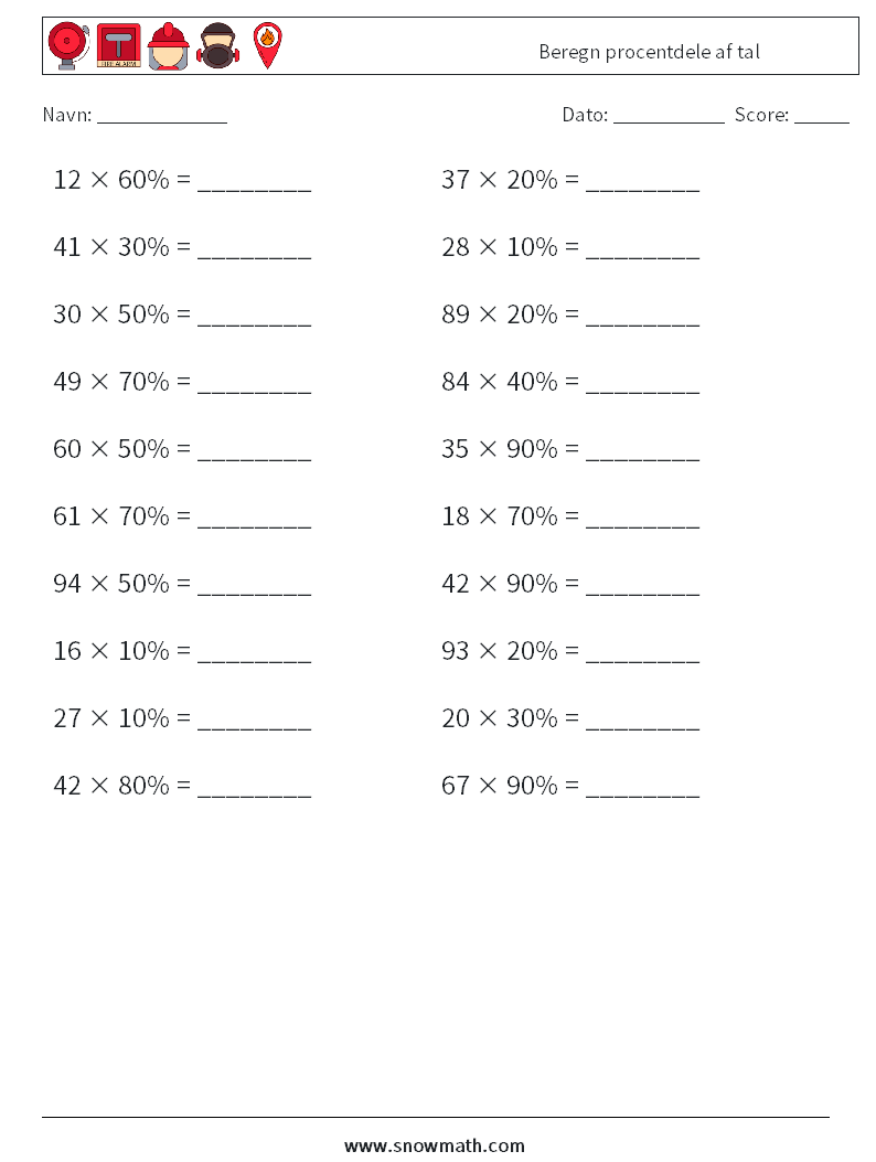 Beregn procentdele af tal Matematiske regneark 7