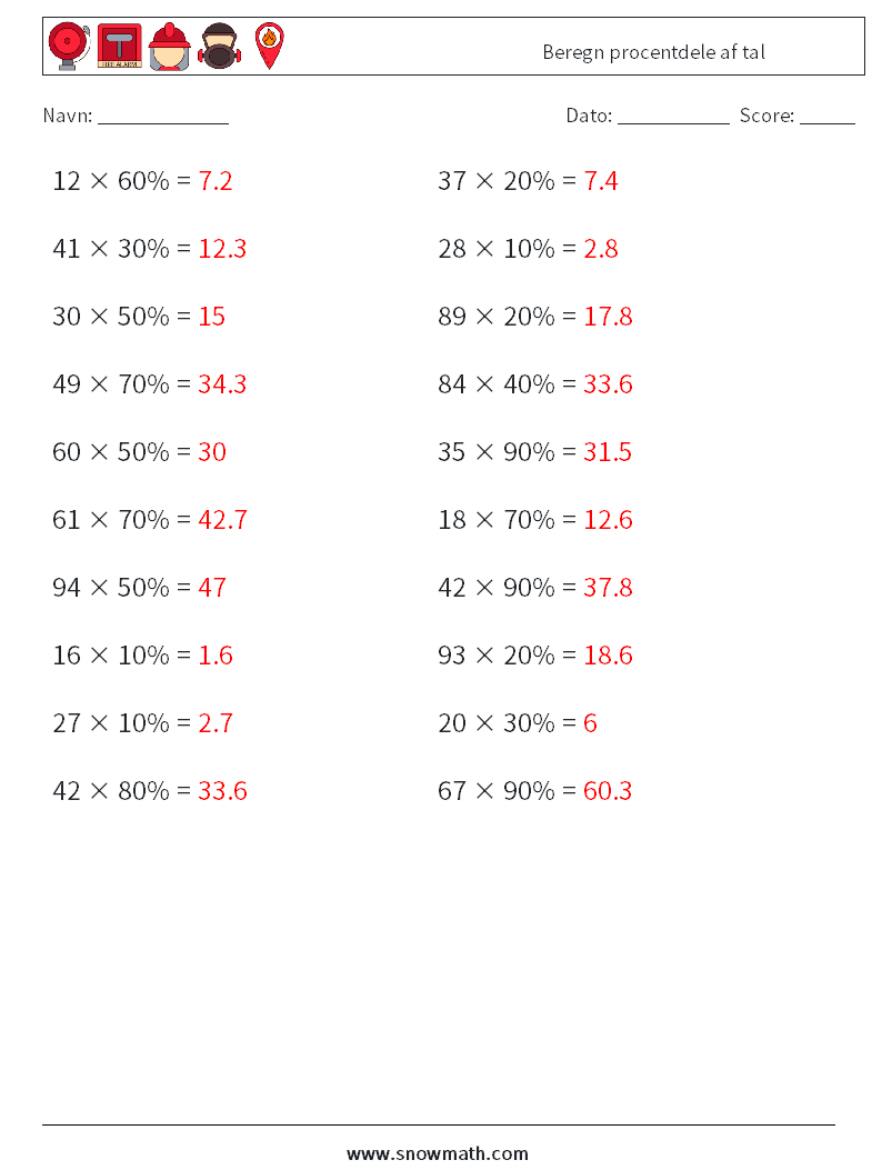 Beregn procentdele af tal Matematiske regneark 7 Spørgsmål, svar