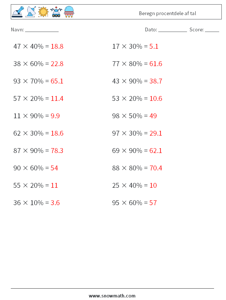 Beregn procentdele af tal Matematiske regneark 8 Spørgsmål, svar