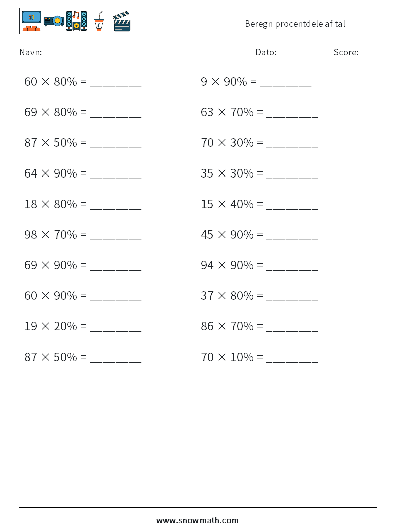 Beregn procentdele af tal Matematiske regneark 9