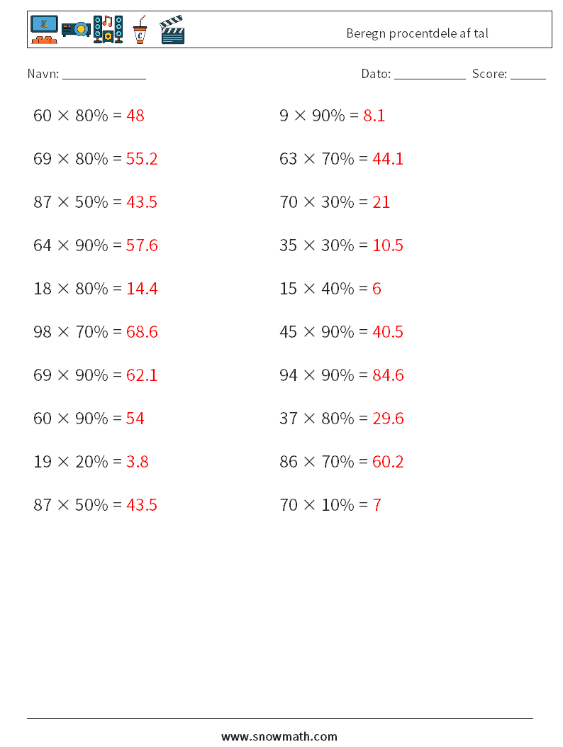 Beregn procentdele af tal Matematiske regneark 9 Spørgsmål, svar