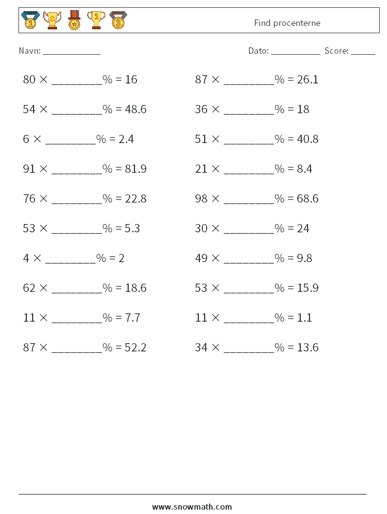 Find procenterne Matematiske regneark 1