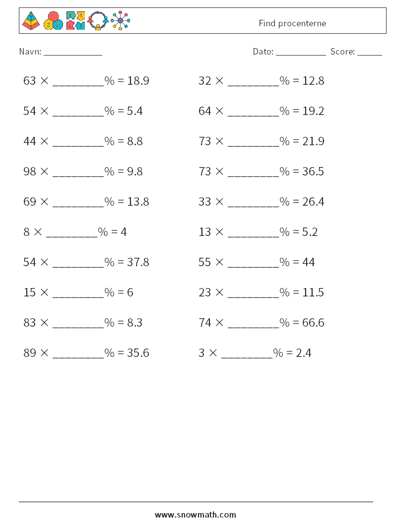 Find procenterne Matematiske regneark 3