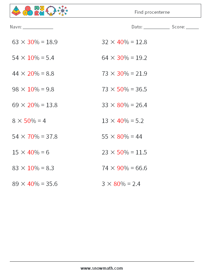 Find procenterne Matematiske regneark 3 Spørgsmål, svar