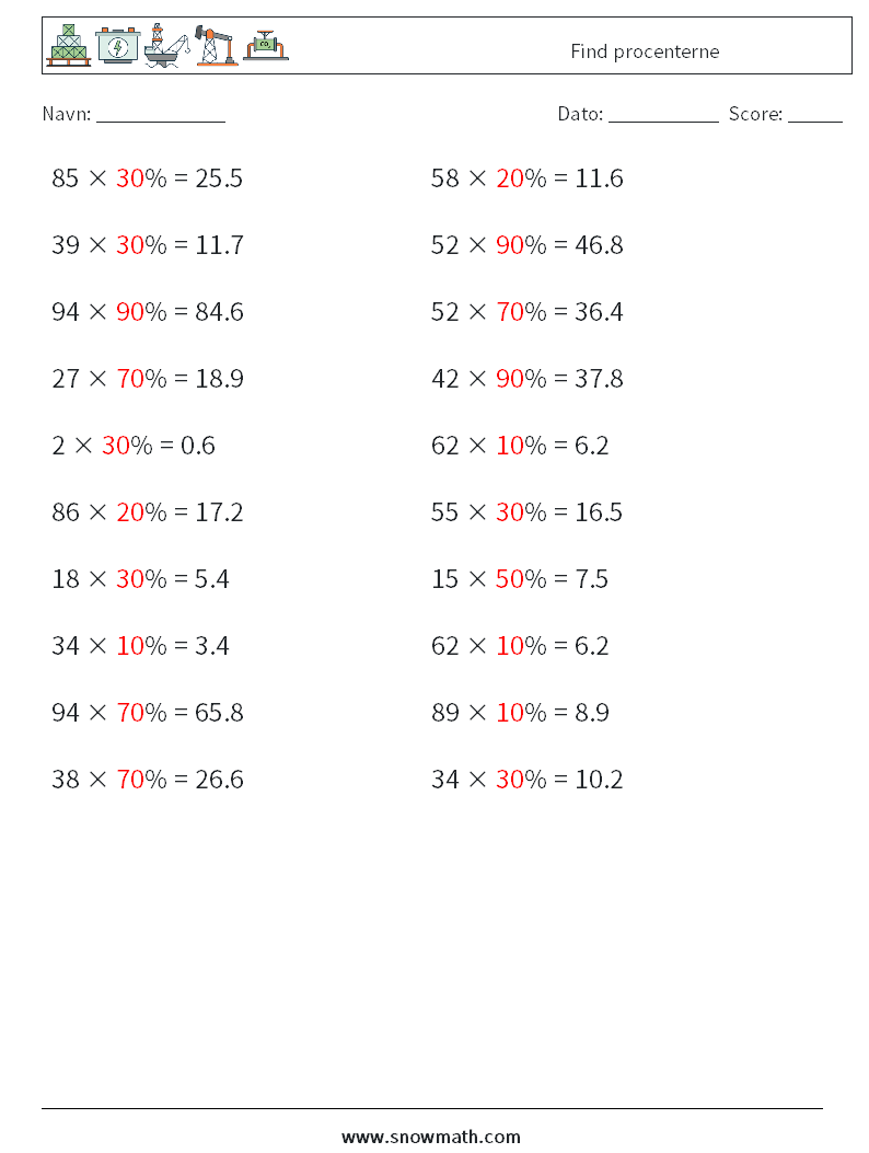 Find procenterne Matematiske regneark 4 Spørgsmål, svar