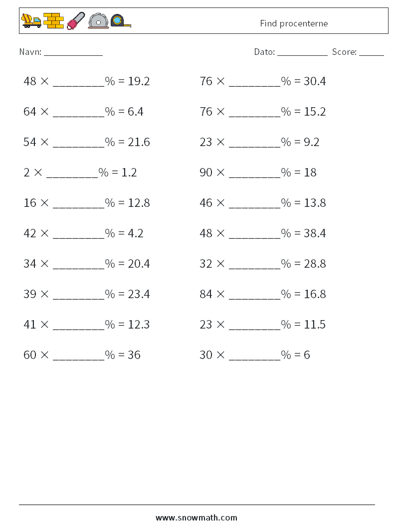 Find procenterne Matematiske regneark 5