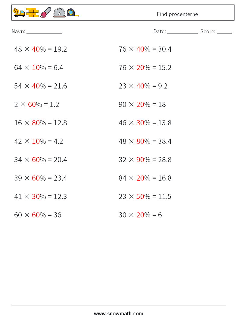 Find procenterne Matematiske regneark 5 Spørgsmål, svar