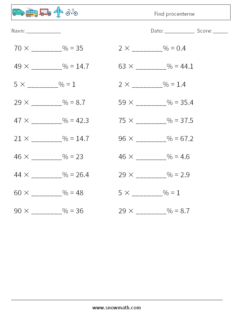 Find procenterne Matematiske regneark 6