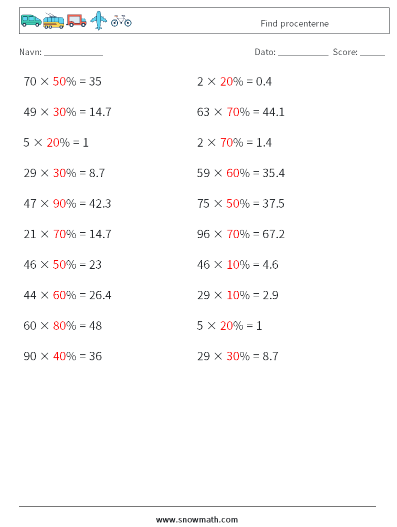 Find procenterne Matematiske regneark 6 Spørgsmål, svar