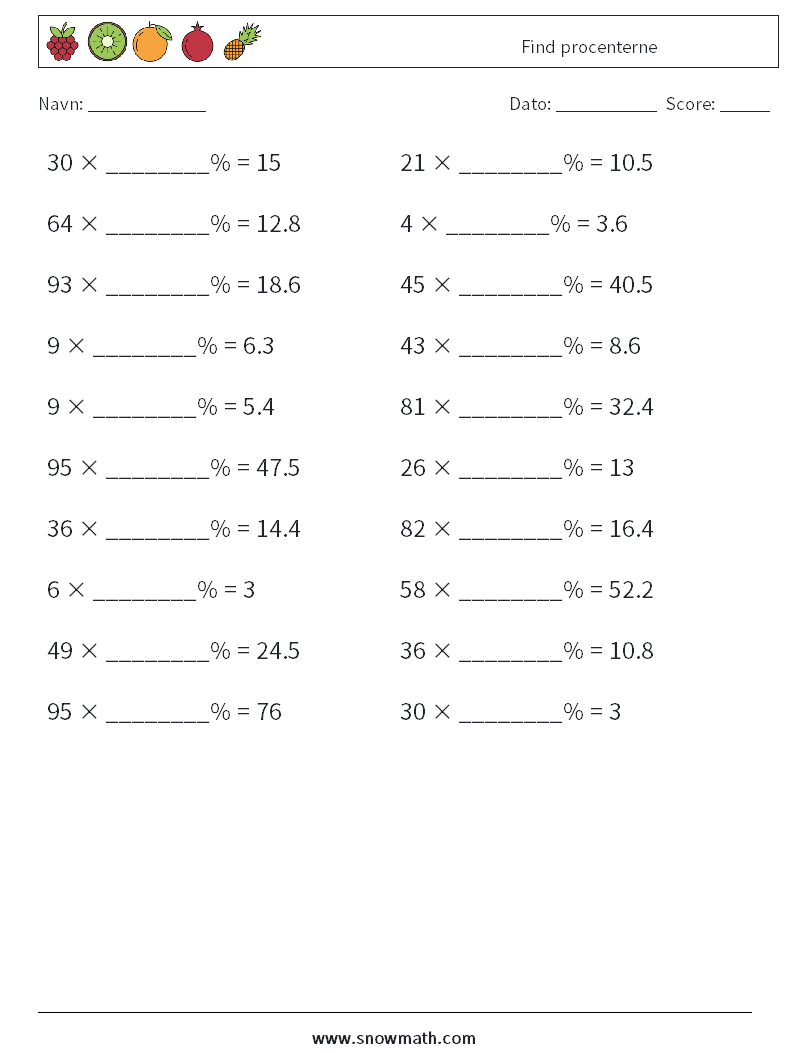 Find procenterne Matematiske regneark 7