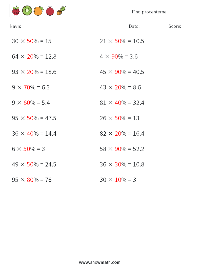 Find procenterne Matematiske regneark 7 Spørgsmål, svar