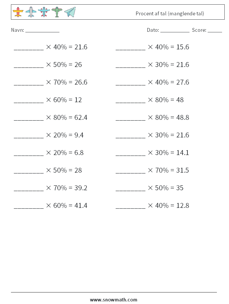 Procent af tal (manglende tal) Matematiske regneark 1