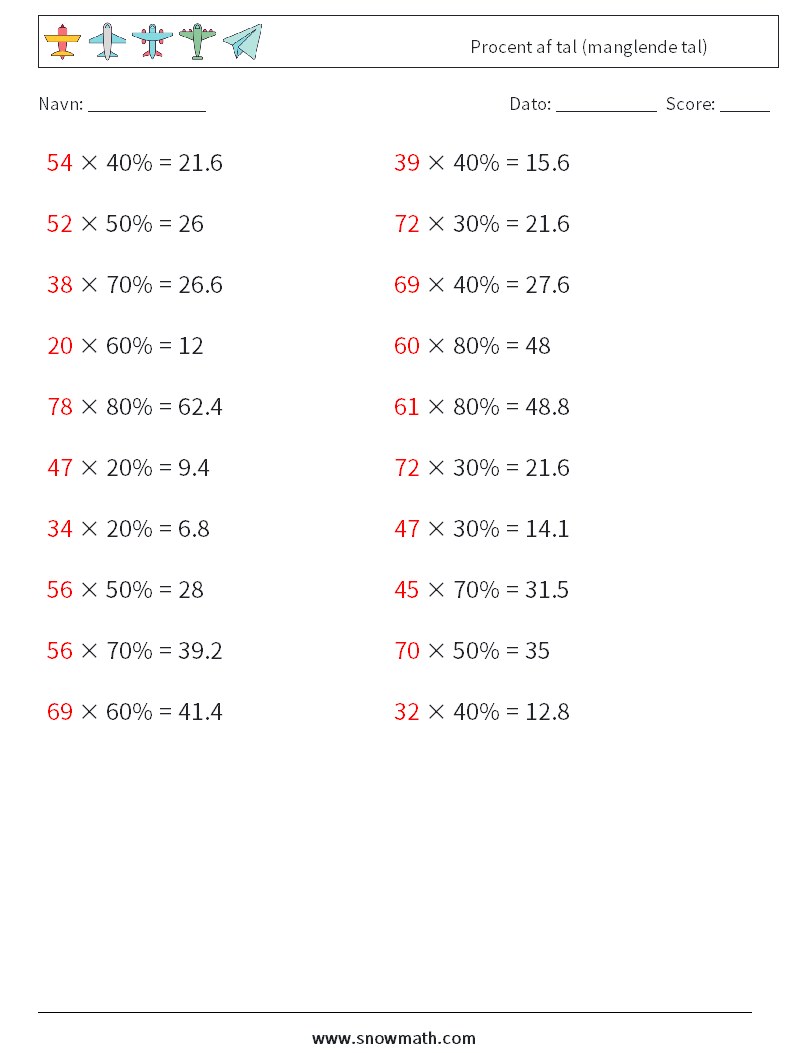 Procent af tal (manglende tal) Matematiske regneark 1 Spørgsmål, svar