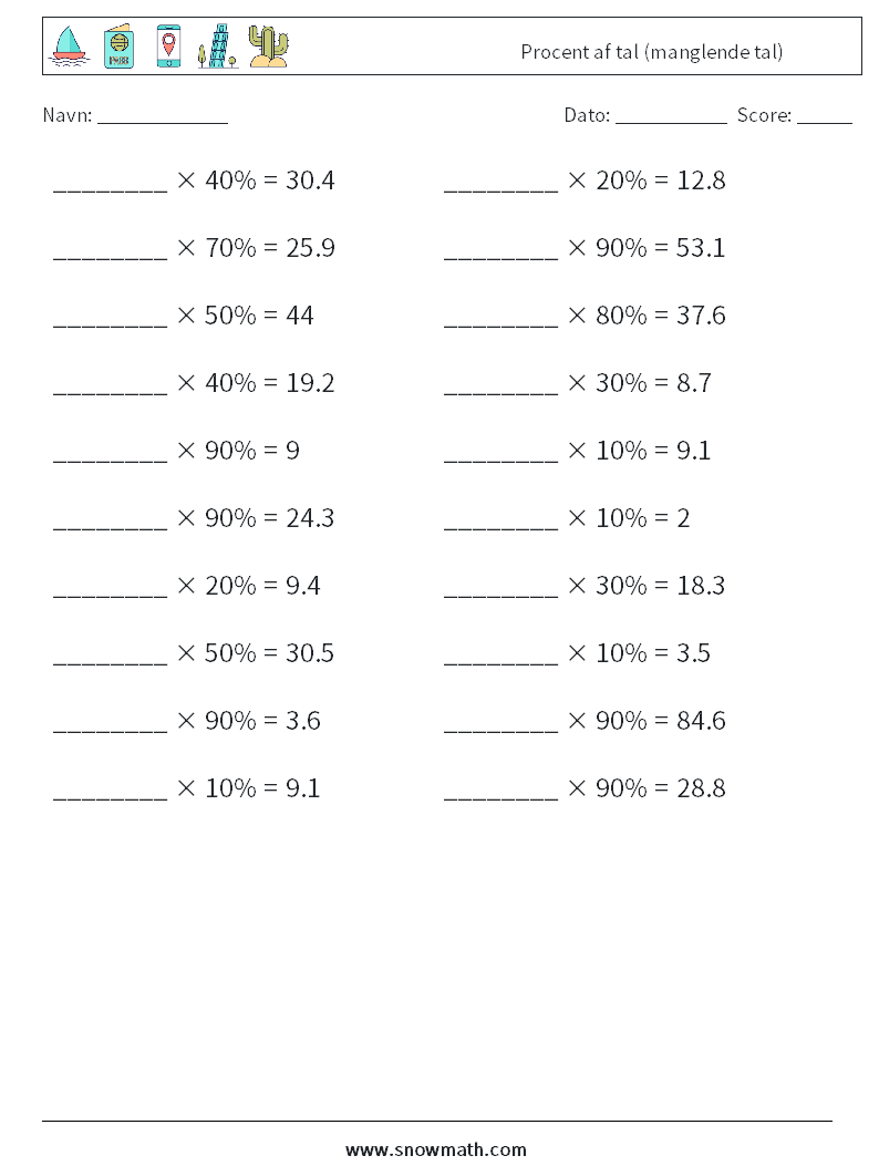Procent af tal (manglende tal) Matematiske regneark 2