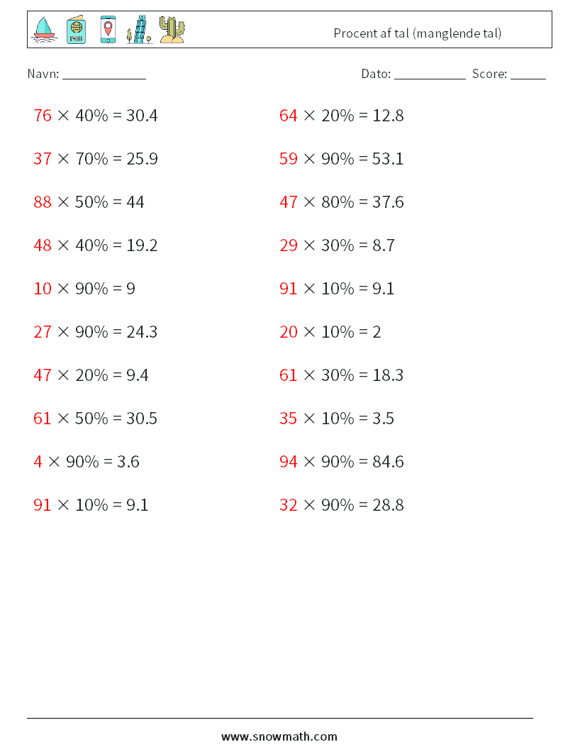 Procent af tal (manglende tal) Matematiske regneark 2 Spørgsmål, svar