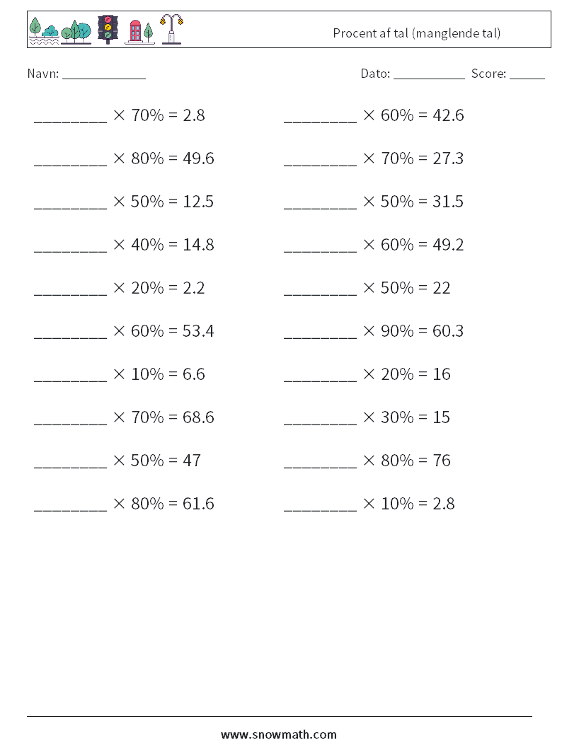 Procent af tal (manglende tal) Matematiske regneark 7