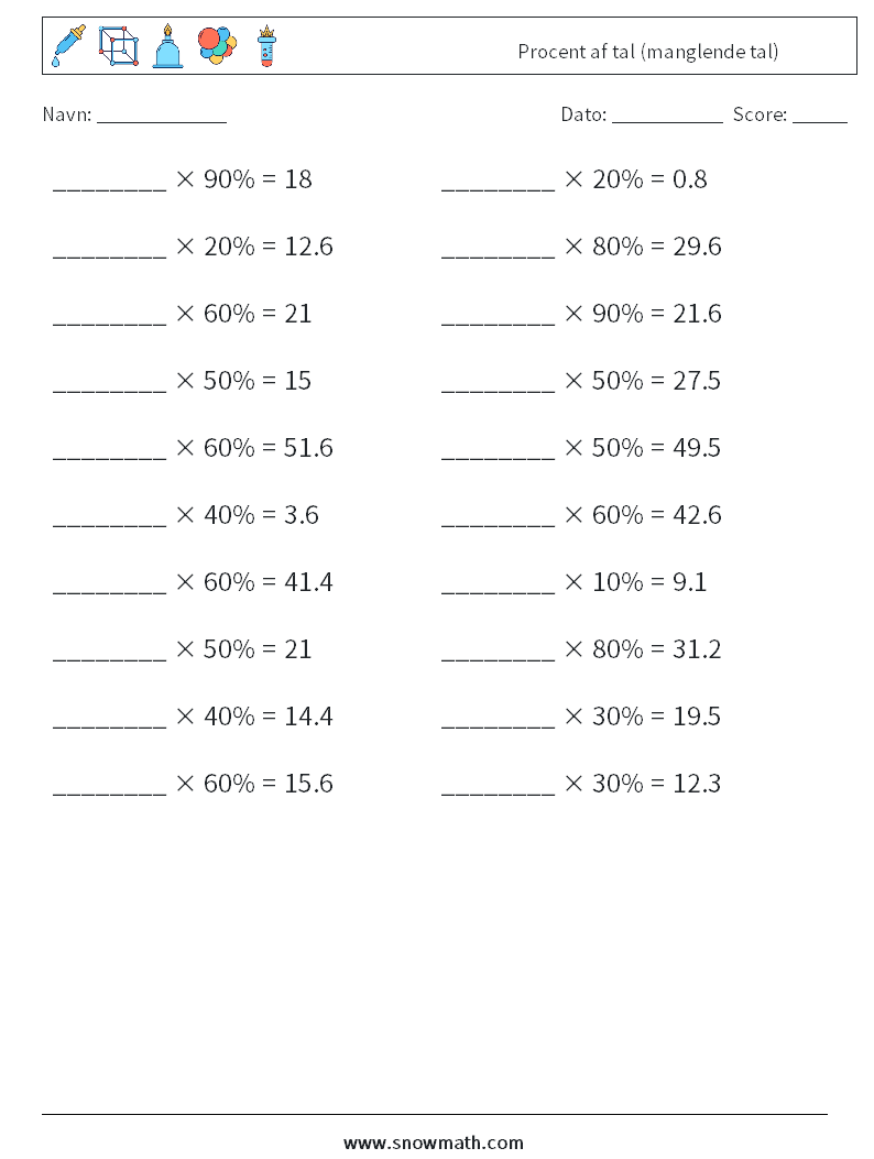 Procent af tal (manglende tal) Matematiske regneark 9