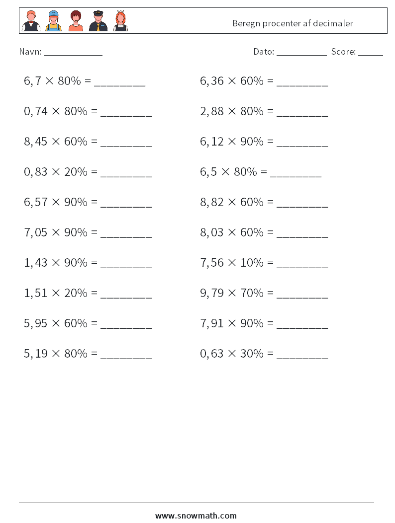 Beregn procenter af decimaler Matematiske regneark 1