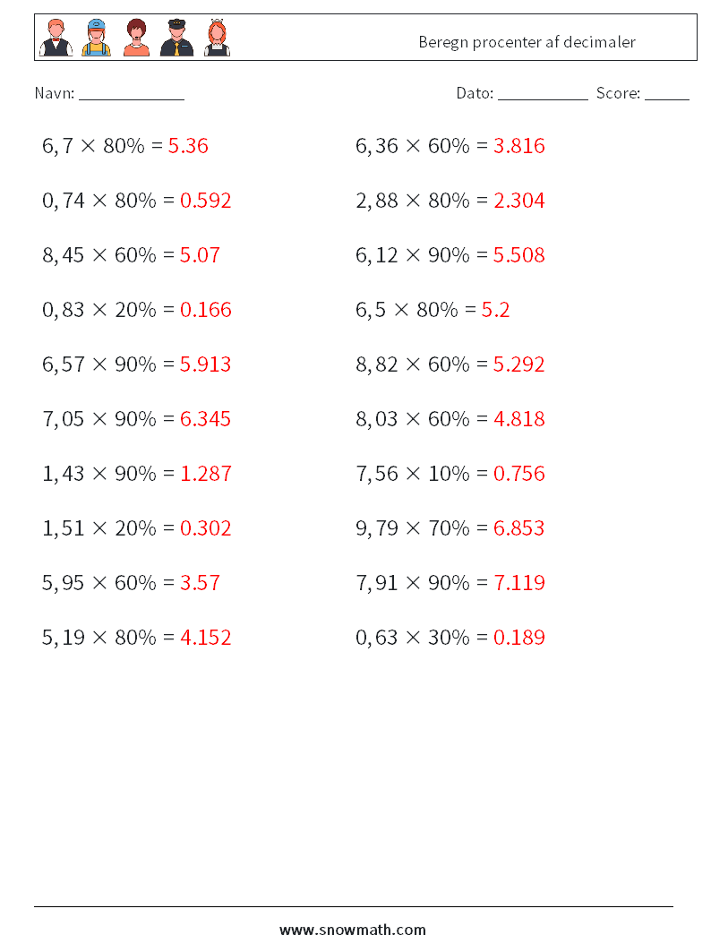 Beregn procenter af decimaler Matematiske regneark 1 Spørgsmål, svar