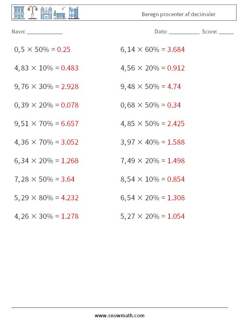 Beregn procenter af decimaler Matematiske regneark 2 Spørgsmål, svar