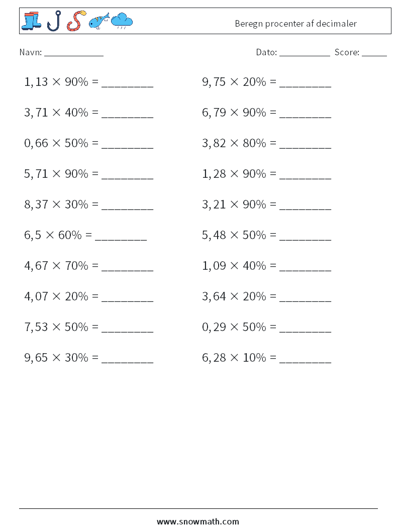 Beregn procenter af decimaler Matematiske regneark 3