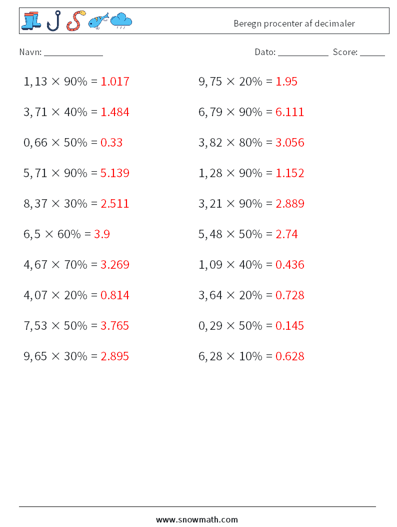 Beregn procenter af decimaler Matematiske regneark 3 Spørgsmål, svar