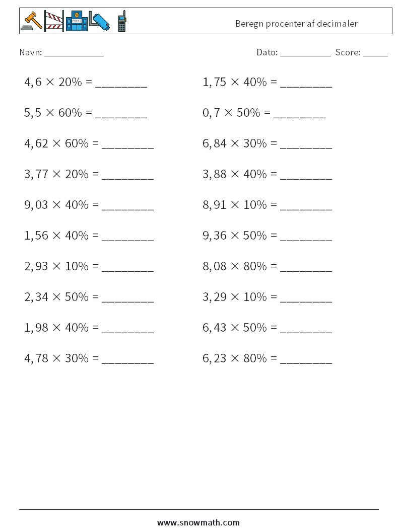 Beregn procenter af decimaler Matematiske regneark 4