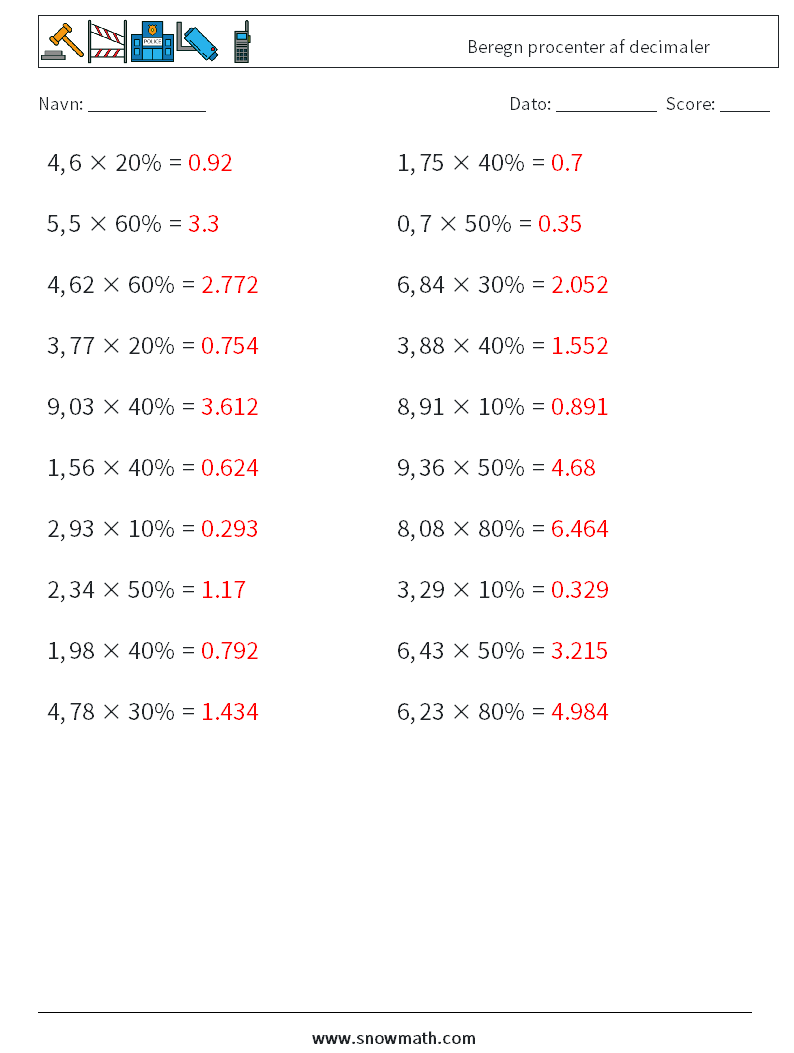 Beregn procenter af decimaler Matematiske regneark 4 Spørgsmål, svar