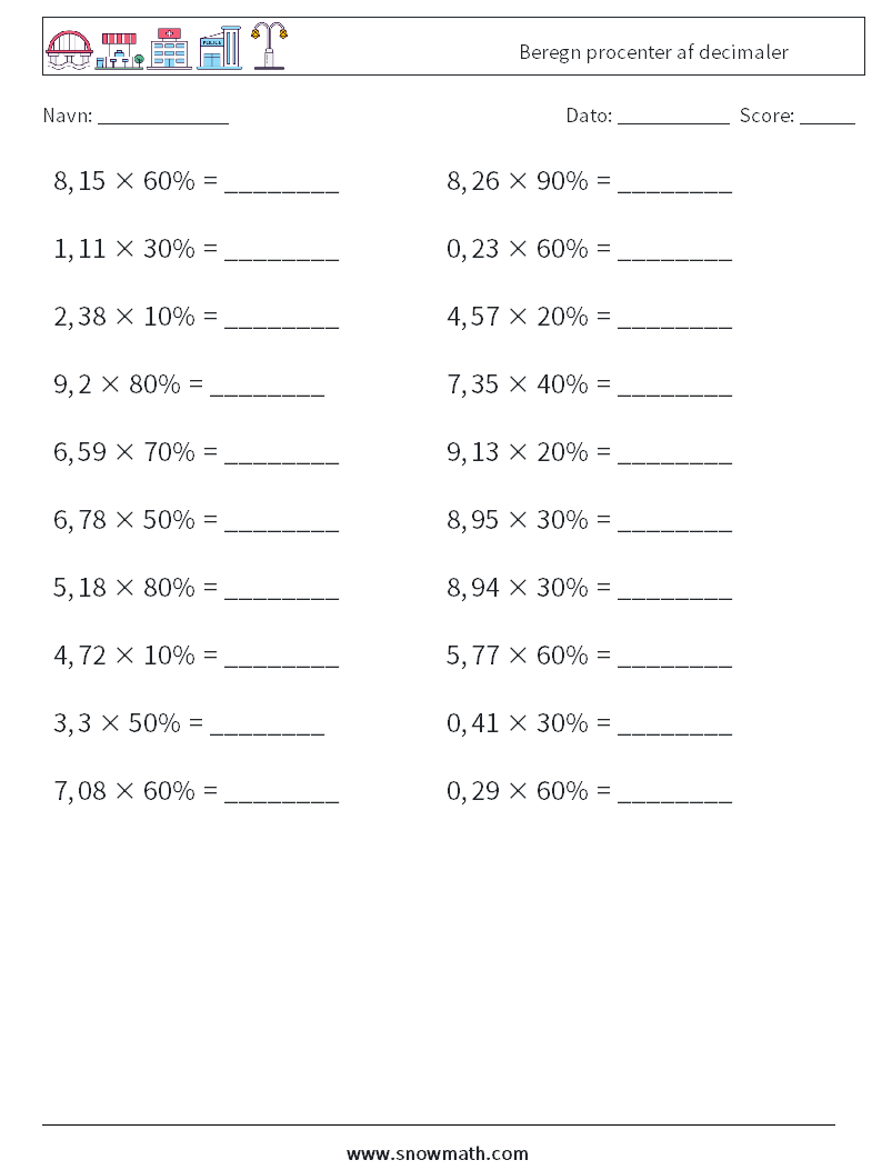 Beregn procenter af decimaler Matematiske regneark 5