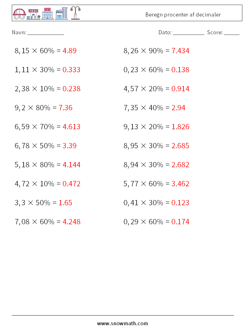 Beregn procenter af decimaler Matematiske regneark 5 Spørgsmål, svar