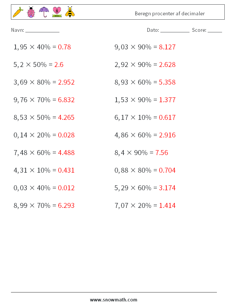 Beregn procenter af decimaler Matematiske regneark 6 Spørgsmål, svar