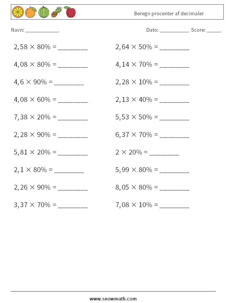 Beregn procenter af decimaler Matematiske regneark 7