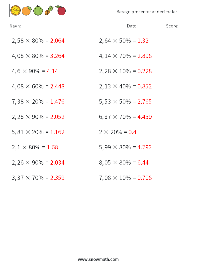 Beregn procenter af decimaler Matematiske regneark 7 Spørgsmål, svar