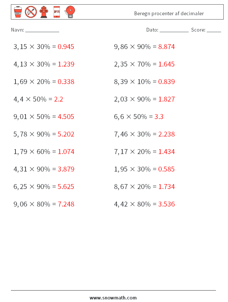 Beregn procenter af decimaler Matematiske regneark 8 Spørgsmål, svar