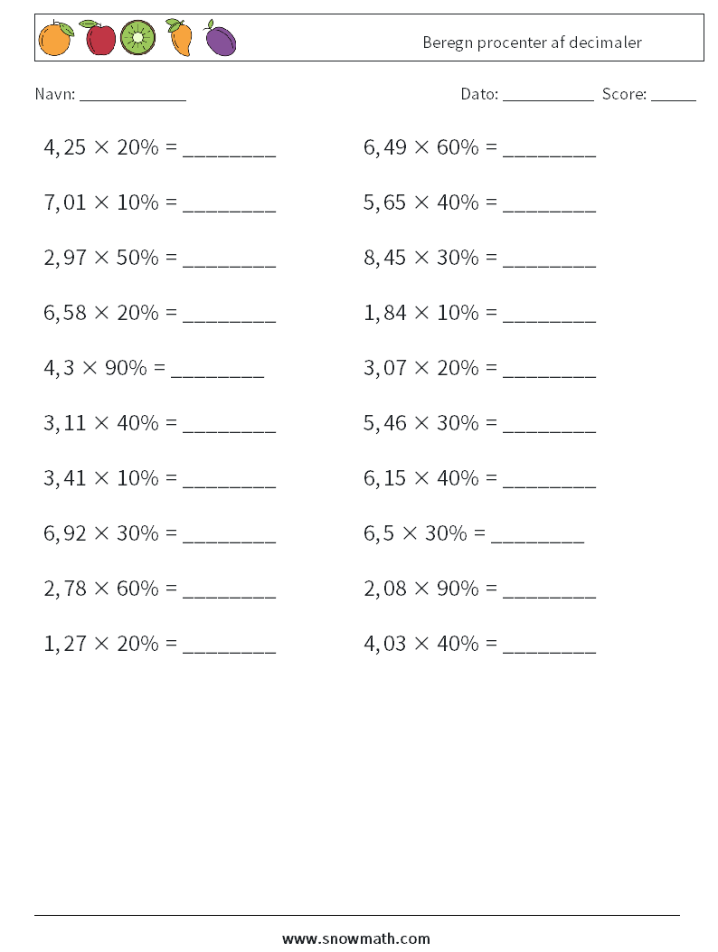Beregn procenter af decimaler Matematiske regneark 9