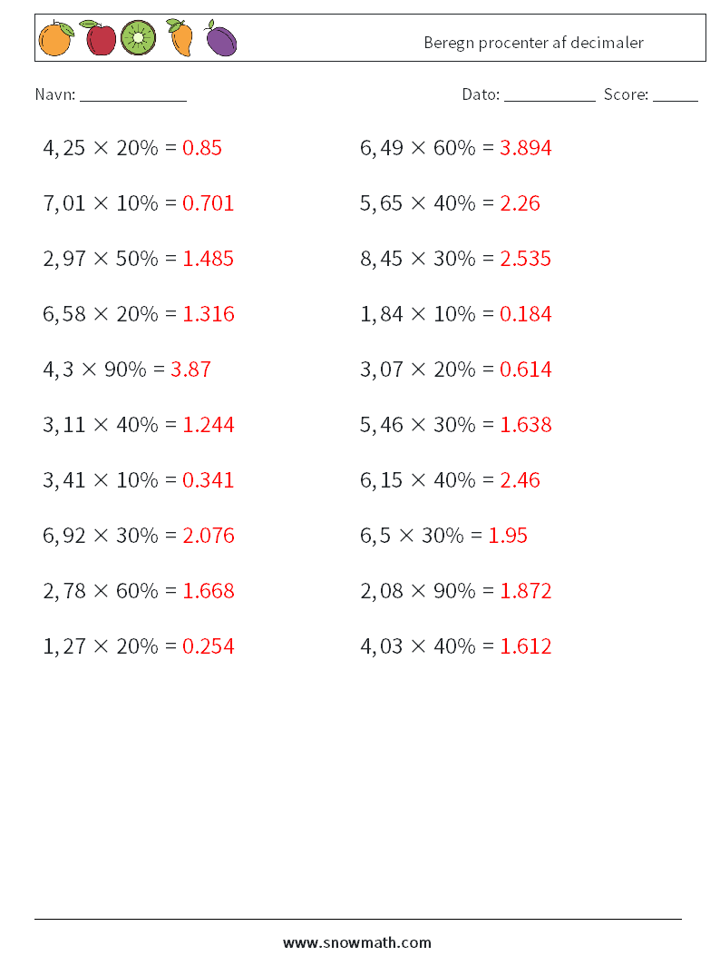 Beregn procenter af decimaler Matematiske regneark 9 Spørgsmål, svar