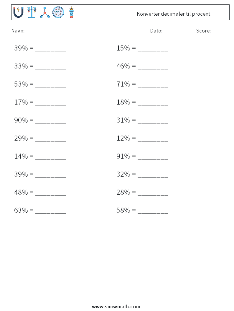 Konverter decimaler til procent Matematiske regneark 1