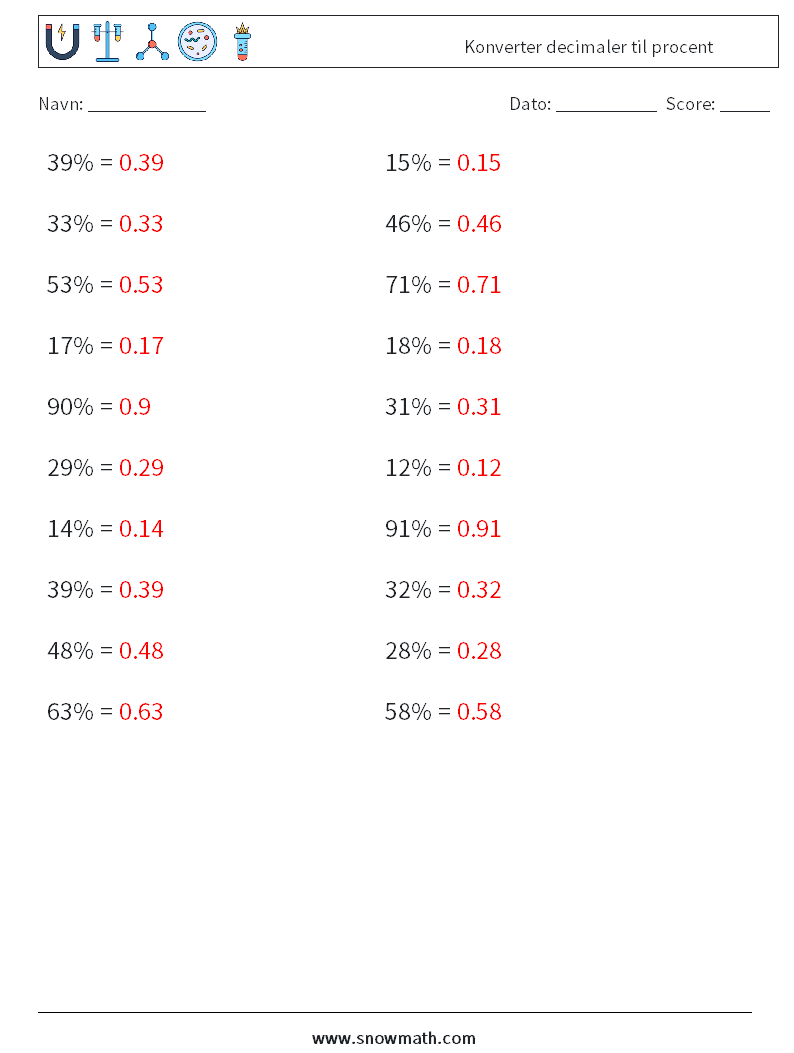 Konverter decimaler til procent Matematiske regneark 1 Spørgsmål, svar