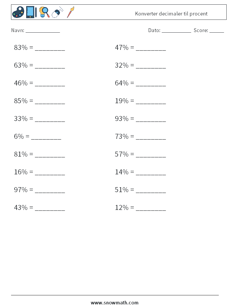 Konverter decimaler til procent Matematiske regneark 2