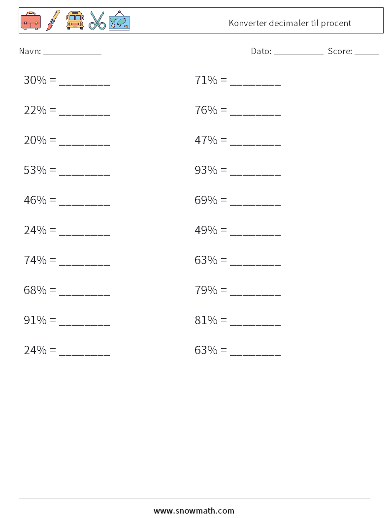 Konverter decimaler til procent Matematiske regneark 3