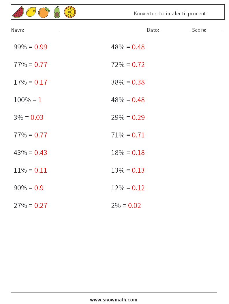 Konverter decimaler til procent Matematiske regneark 4 Spørgsmål, svar