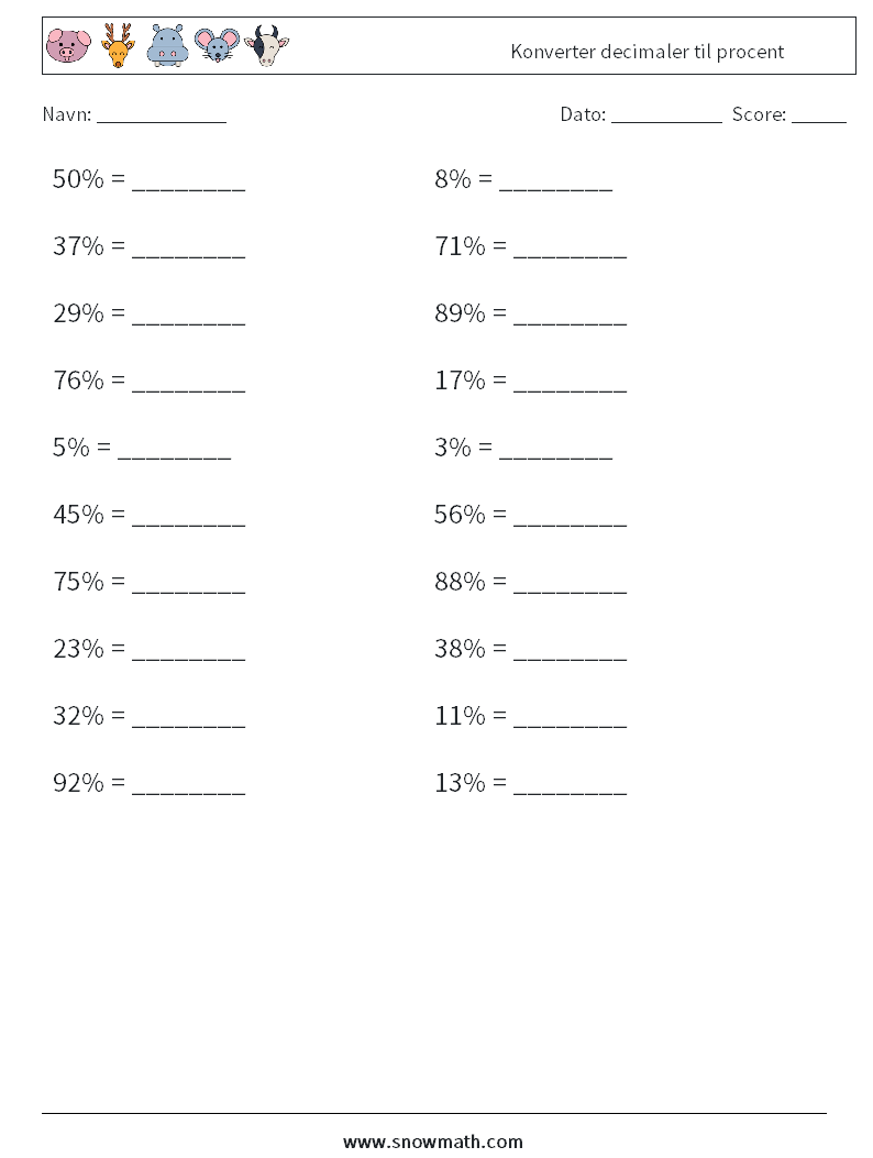 Konverter decimaler til procent Matematiske regneark 5