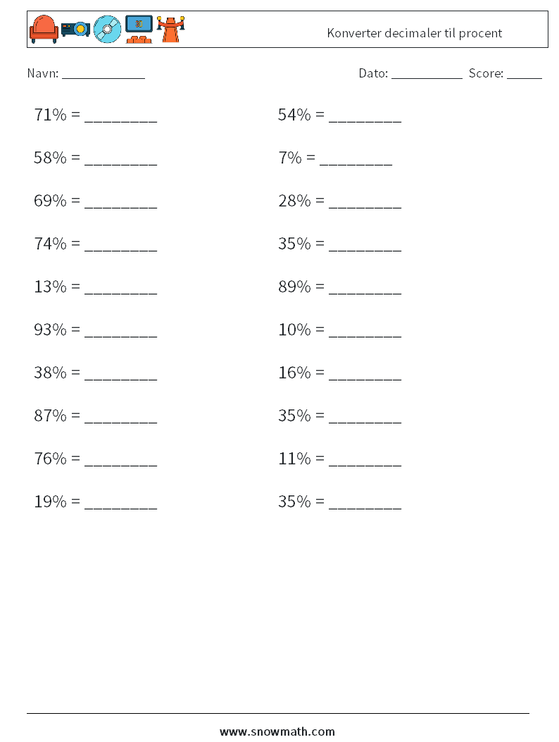 Konverter decimaler til procent Matematiske regneark 6