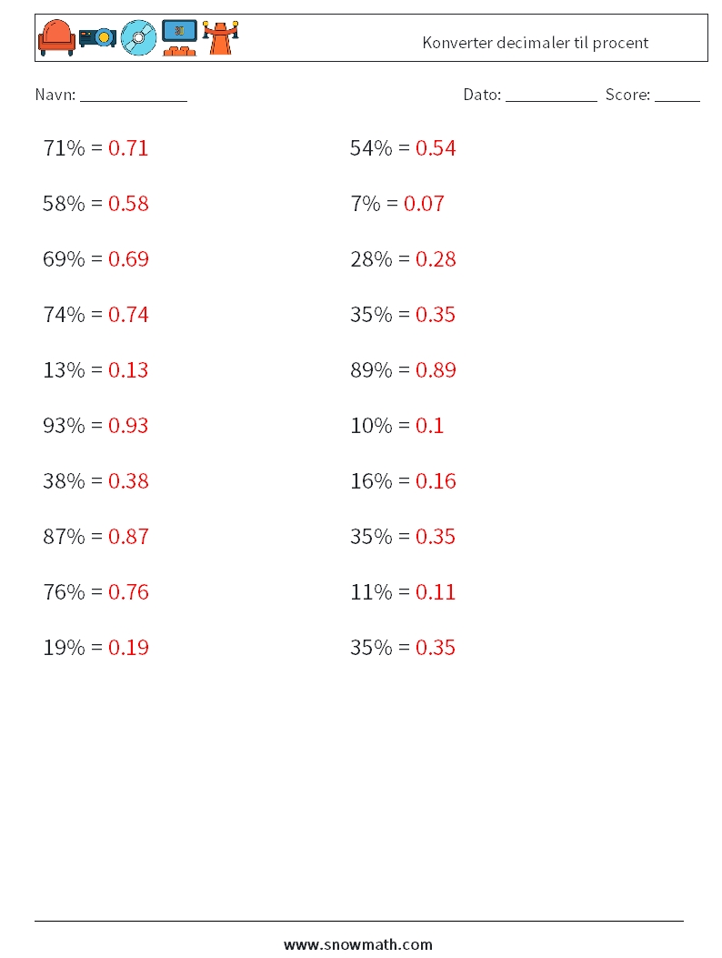 Konverter decimaler til procent Matematiske regneark 6 Spørgsmål, svar