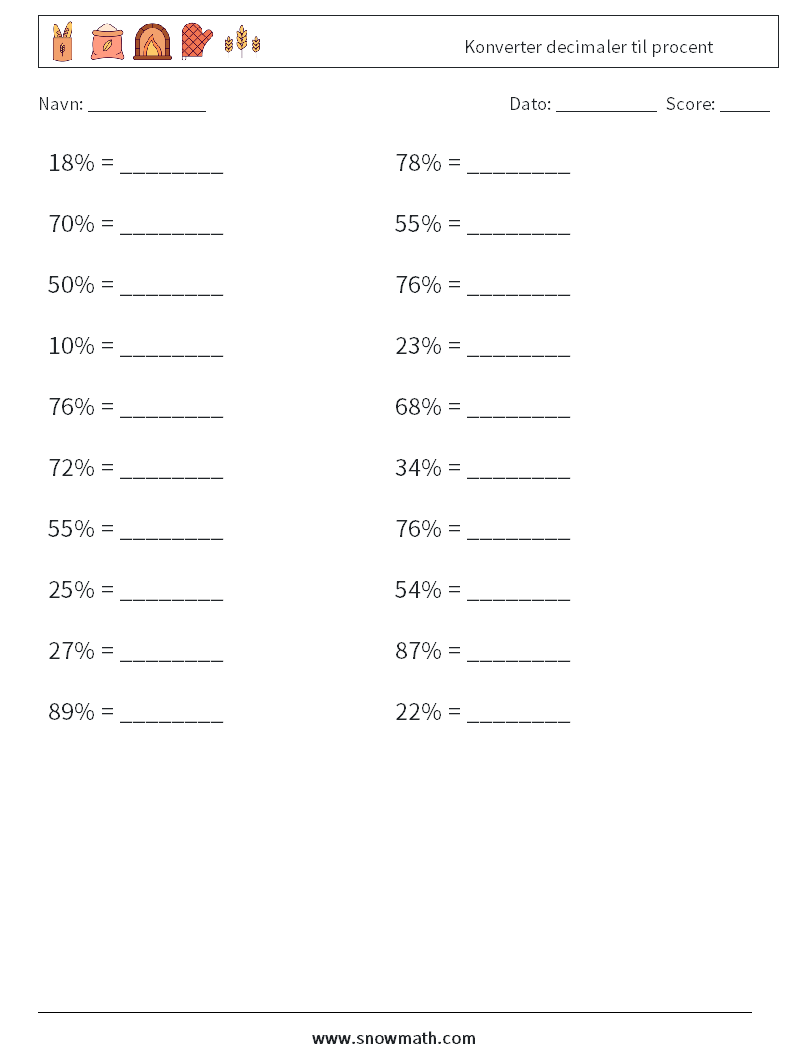 Konverter decimaler til procent Matematiske regneark 7