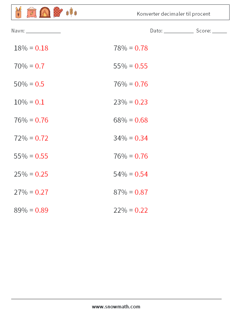 Konverter decimaler til procent Matematiske regneark 7 Spørgsmål, svar