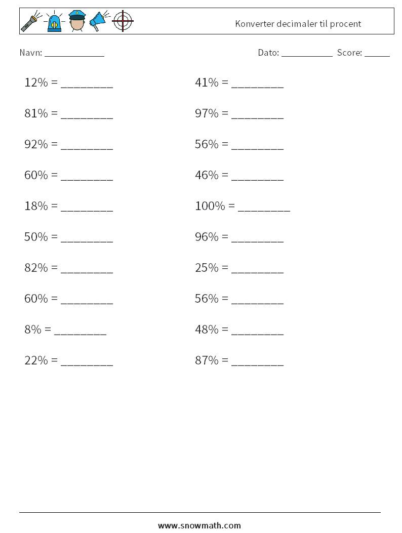 Konverter decimaler til procent Matematiske regneark 8